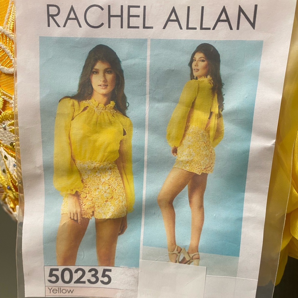 Rachel Allan 50235 Sz 4 - Yellow Lace Romper with sheer long sleeve top